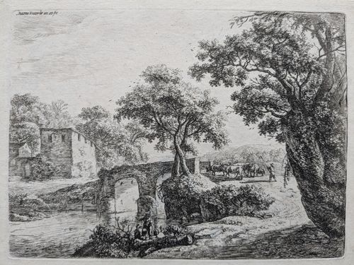 Herd near a stone bridge (with drawings on verso) — Anthonie Waterloo