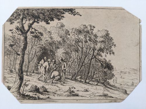 Landscape with trees and a group of hunters at left — David Deuchar