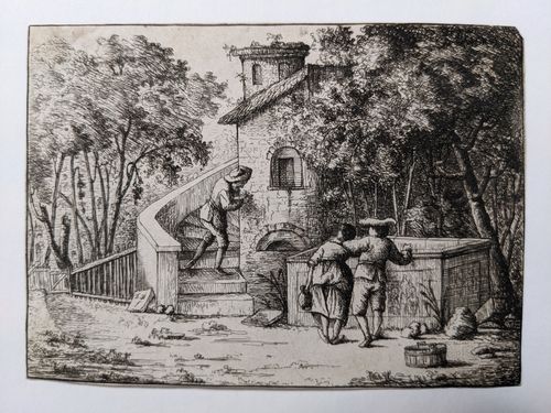 Man writing graffiti on a tower wall from a staircase, watched by two peasants near a large stone tomb — David Deuchar