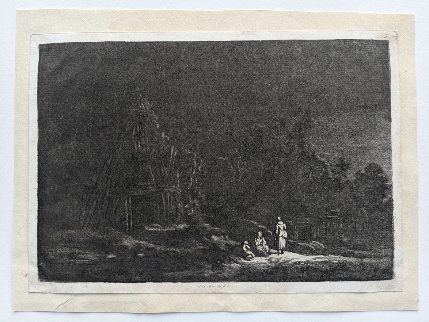 Family outside a hut at night (”XII Vues de la Normandie”)