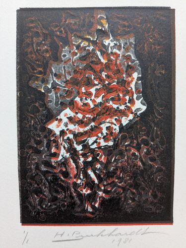 Abstract three-plate linocut — Hans Gustav Burkhardt