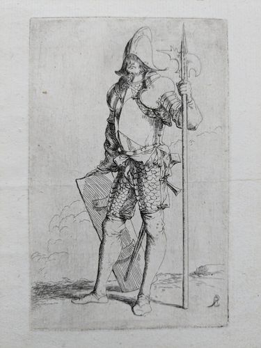 Soldier Standing, Holding a Cane and Facing Left (”Figurine”) — Salvator Rosa