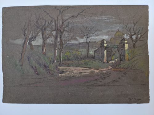 Drawing of a path and gates  Drawings of a horse and cart — Samuel Colman