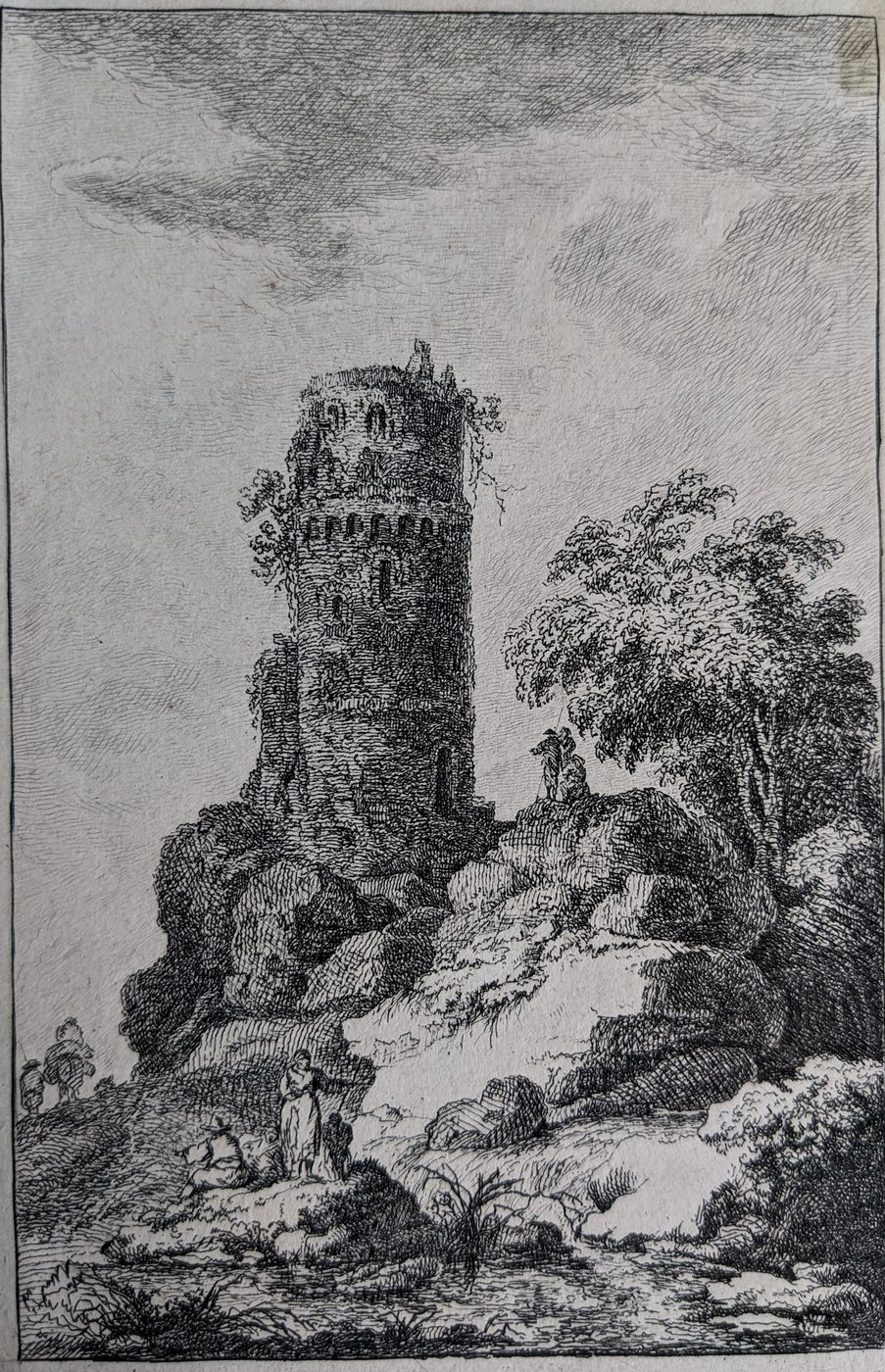 Travelers near a ruined tower