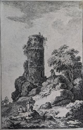 Travelers near a ruined tower — Unknown