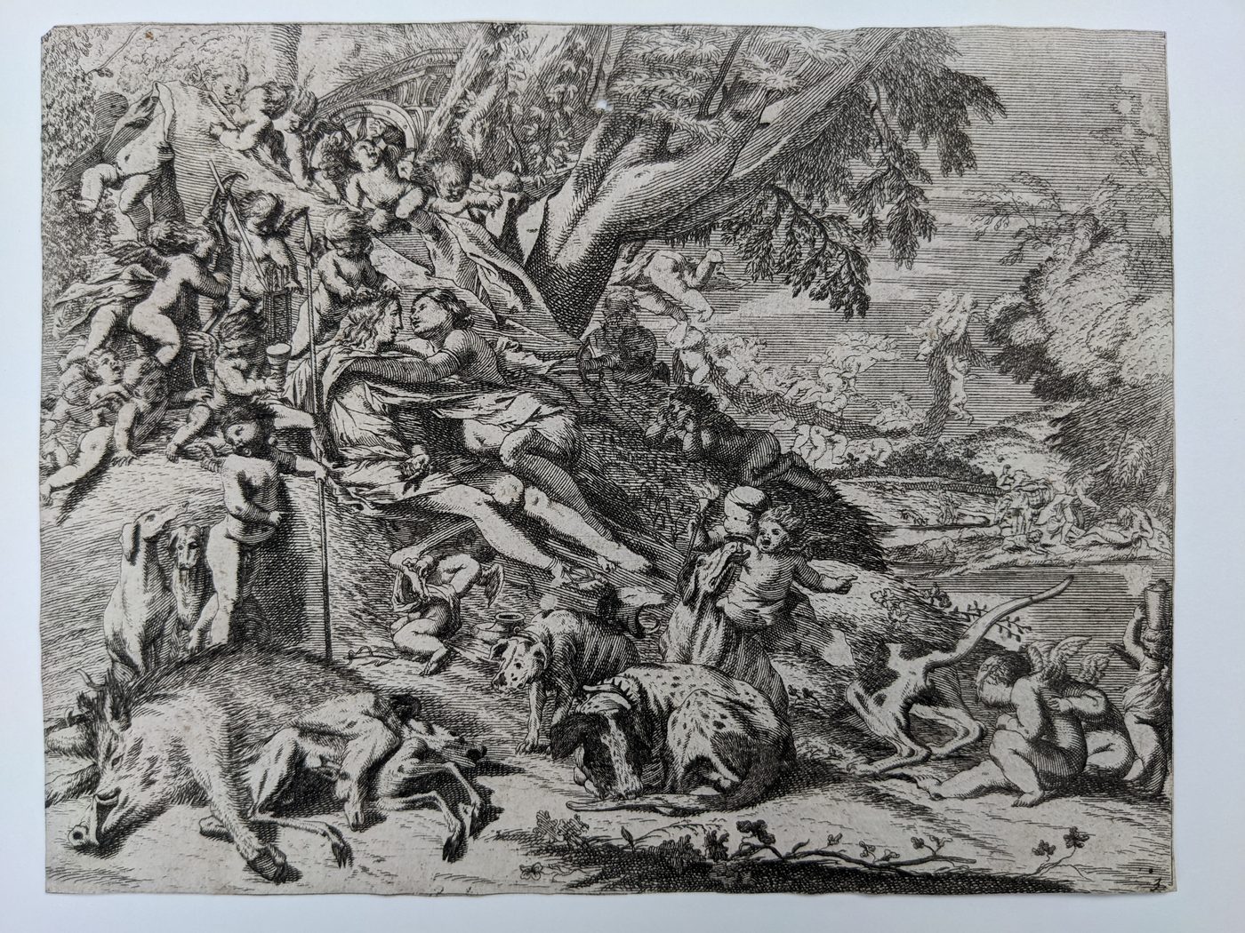 Venus and Adonis, surrounded by many putti, reclining after the hunt, with a dead boar in the lower right