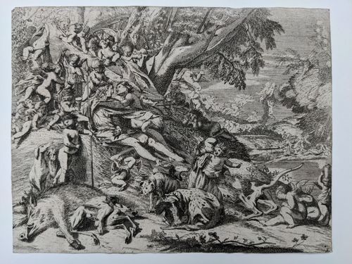 Venus and Adonis, surrounded by many putti, reclining after the hunt, with a dead boar in the lower right — Unknown